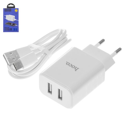 Мережевий зарядний пристрій Hoco C62A, 10,5 Вт, білий, з USB кабелем тип C, 2 порта, #6957531095019
