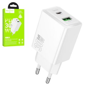Мережевий зарядний пристрій Hoco N71, 30 Вт, Quick Charge, Power Delivery PD , білий, 2 порта, gan, #6942007651387