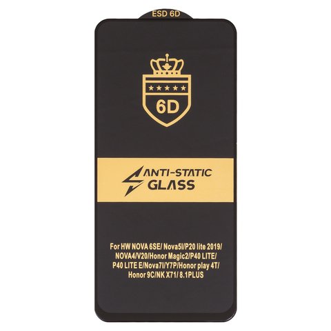 Защитное стекло ESD 6D для Huawei P20 Lite 2019 , P40 Lite, P40 Lite E, Y7p, совместимо с чехлом, Full Glue, Anti Static, без упаковки , черный