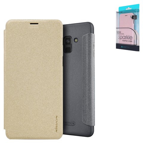 Case Nillkin Sparkle laser case compatible with Samsung A730 Galaxy A8+ 2018 , golden, flip, PU leather, plastic  #6902048152793
