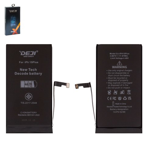 Battery Deji compatible with Apple iPhone 15 Plus, Li ion, 3.867 V, 4620 mAh, High Capacity, without error "Unknown Part", decode battery 