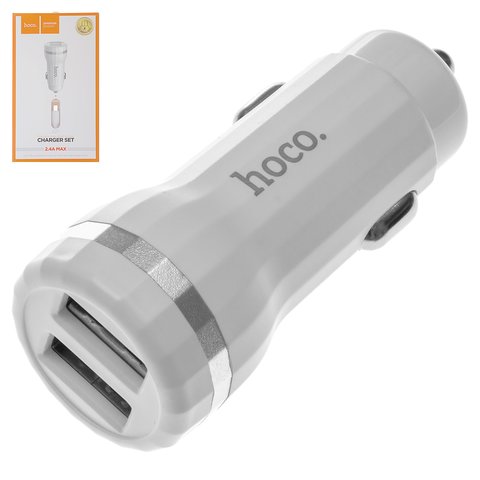 Автомобильное зарядное устройство Hoco Z27, 12 В, 2 USB выхода 5В 2,4А , белое, с micro USB кабелем тип В, 12 Вт, #6957531092841