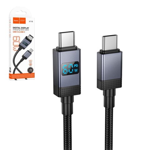 USB кабель Hoco X118, 2xUSB тип C, 100 см, 60 Вт, черный, с цифровым индикатором зарядки, в нейлоновой оплетке, #6942007655095