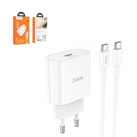 Мережевий зарядний пристрій Hoco C94A, 20 Вт, Fast Charge, 220 В, білий, з кабелем USB тип C до USB тип C, 1 порт, #6931474762191